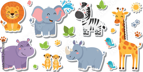 Cute African safari animals stickers vector set with lion, elephant, giraffe, zebra, hippo, rhino and birds cartoon illustration