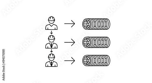 Three workers in hard hats with arrows pointing to three pipes.