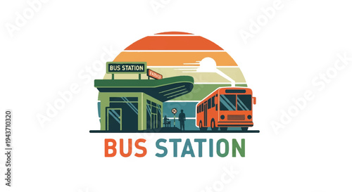 Bus station with a bus and sunset silhouette in vector illustration