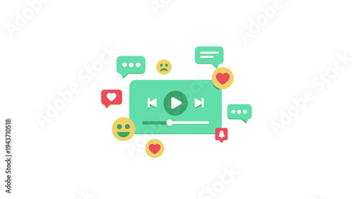 Video Player Interface with Social Media Icons and Emojis.