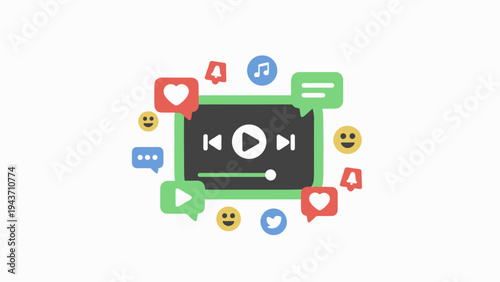 Video player surrounded by social media icons and emojis.