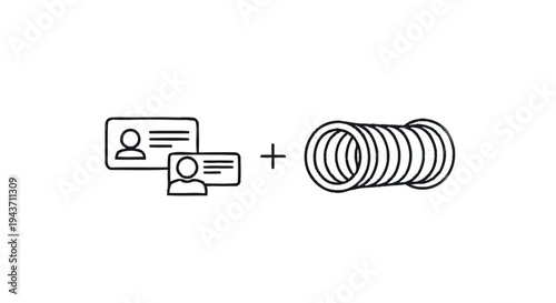 Two ID cards and a stack of rings illustration.