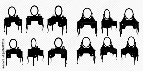 Set of Vintage Dressing Table Silhouettes with Mirrors and Drawers for Interior Design.