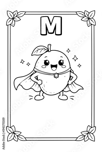 Cute Mango Character Wearing Cape and Smiling, Letter M Alphabet Flashcard