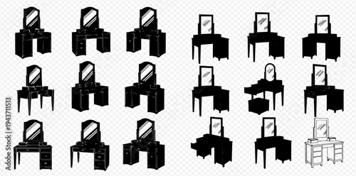 Set of Dressing Table Silhouettes with Mirrors and Drawers, Vanity Furniture Icons.