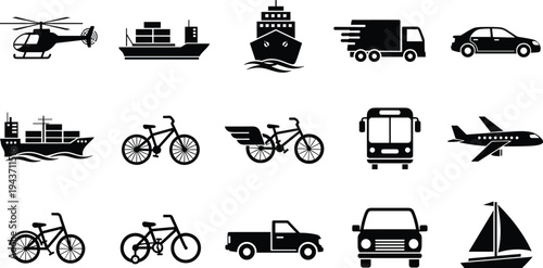 Set of transport and logistics icons featuring cargo ships delivery trucks airplanes helicopters buses cars bicycles and sailboats for global supply chain and distribution