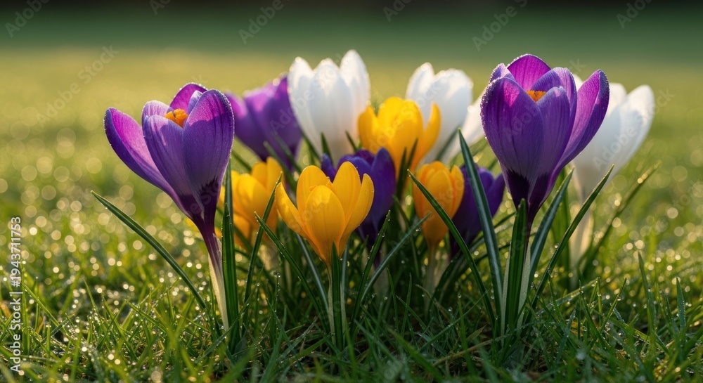 Obraz premium Vibrant spring crocuses in purple, yellow, and white amidst green grass