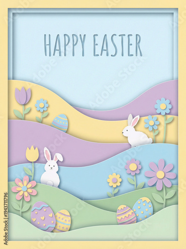Paper Cut Style Easter Greeting Card with Bunnies and Eggs