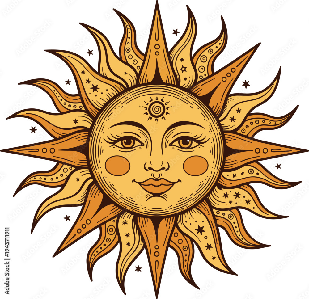 Εκτύπωση καμβά Vintage boho sun face illustration with celestial rays and mystical elements, de