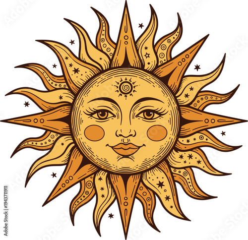 Vintage boho sun face illustration with celestial rays and mystical elements, decorative astrology symbol vector isolated design