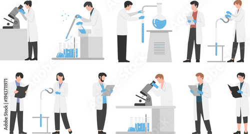 Scientists working in laboratory performing chemistry experiments with microscope and glassware research equipment science vector illustration set