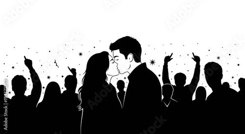 Couple kissing in front of cheering crowd, silhouette, starry night, romantic celebration