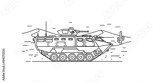 Desert Military Vehicle Line Art Illustration: Armored Personnel Carrier in Arid Landscape