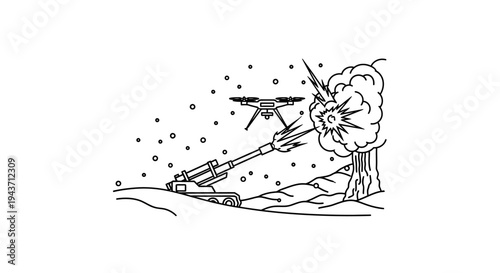 Drone under attack by artillery cannon firing explosive shell in a snowy landscape