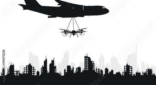 Drone Launched From Cargo Plane Over Ruined City Silhouette