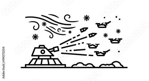 Drone warfare: Anti-aircraft turret firing missiles at attacking drones in a snowy, windy landscape.