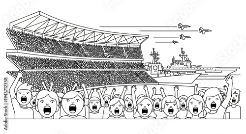 Excited Crowd Cheers as Aircraft Carrier and Jets Fly Over Stadium