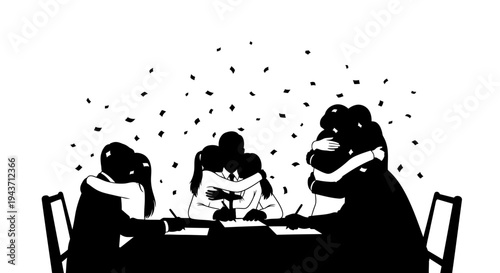 Family Hugs at Table with Confetti Falling - Joyful Reunion, Celebration