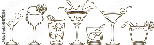 Vintage hand drawn cocktail glasses engraving illustration featuring daiquiri old fashioned manhattan martini and sidecar vector set