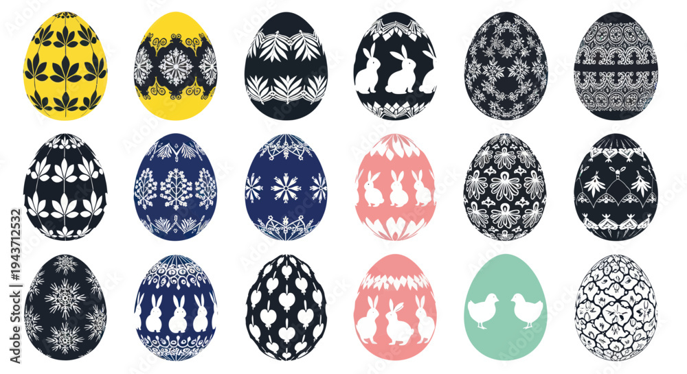 Fototapeta premium Decorative Easter Eggs Collection: Festive Patterns, Bunnies, Chickens, and Flowers