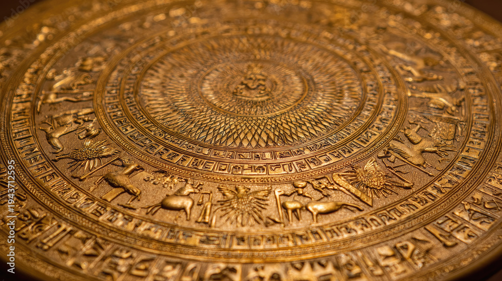 Obraz premium Majestic stairway to heaven with angelic figures concept. Intricate golden decorative plate showcasing ancient symbols.