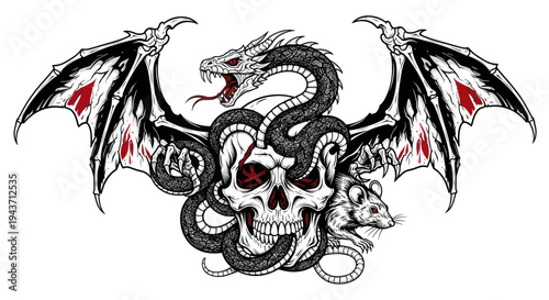 Dragon, Snake, Skull, Rat and Wings Illustration - Dark Fantasy Art