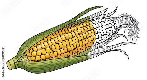 Fresh Sweet Corn Cob with Green Husk and Yellow Kernels Isolated on White Background