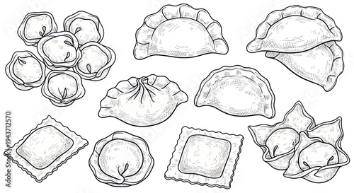Hand-drawn dumplings and ravioli collection, various shapes, sketch style
