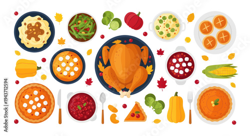 Thanksgiving Dinner Feast: Roasted Turkey, Pies, Mashed Potatoes, and Vegetables