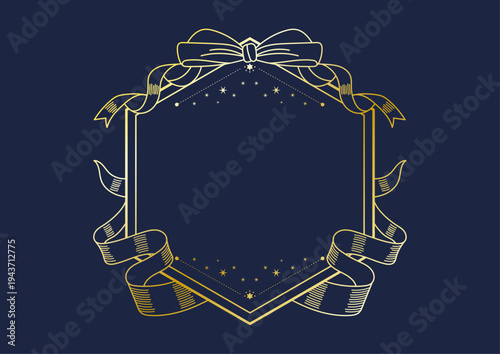 Elegant gold heraldic crest frame with bow ribbon and stars on navy blue background, luxury vector badge template with copy space