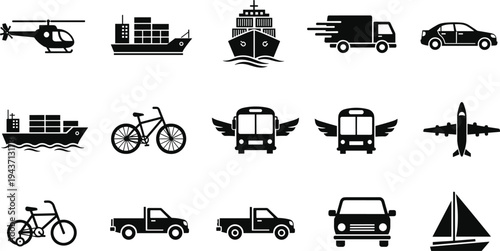 Set of transport and logistics icons featuring cargo ships delivery trucks airplanes helicopters winged 