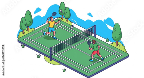 Tennis Court with Players Serving.