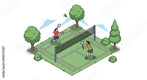 Tennis Court with Players and Trees.