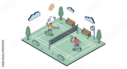 Tennis Players on Court Illustration.