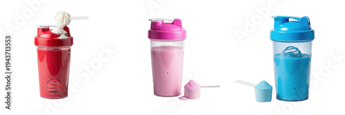 Fotografía Fitness protein shaker bottles with powder scoops isolated on white