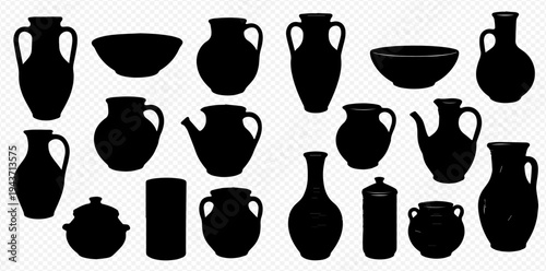 Set of black silhouettes of various pottery and ceramic vessels, including vases, pitchers, and bowls, isolated on a transparent background.