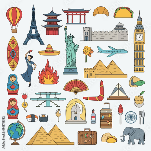 Colorful travel icons; landmarks, food, and cultural symbols