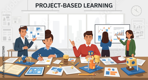 Students collaborating on project-based learning in a classroom with charts and models