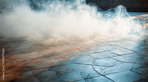Dry ice smoke floating on black floor concept. Mysterious fog on a stone surface creating ethereal ambiance.
