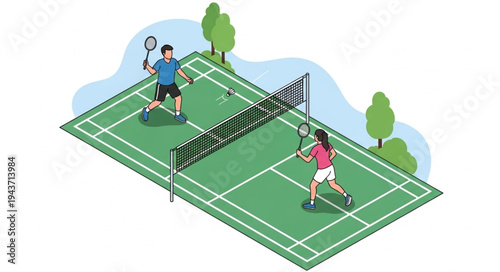 Tennis Players on Court Playing Match.