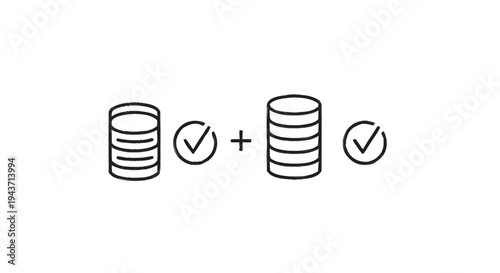 Two Stacks of Coins with Checkmarks and Plus Sign.