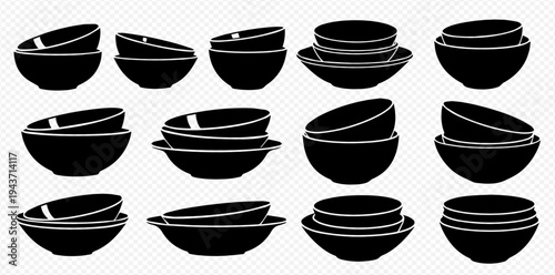 Collection of black silhouettes of stacked bowls and plates in various arrangements, isolated on a transparent background.