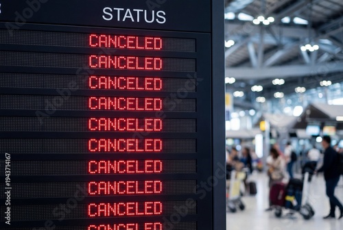 Airport flight information board showing multiple canceled flights