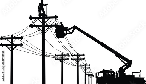 Silhouette of professional electrical linemen and utility workers performing maintenance and emergency repairs on power lines using a bucket truck and safety equipment