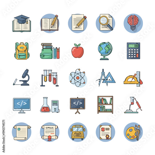 Colorful vector icons related to education, science, and learning