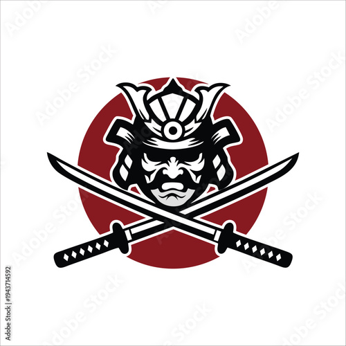 Japanese Samurai Helmet with Crossed Katana Swords Emblem Vector