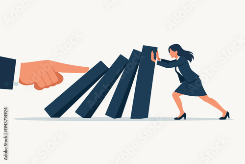 Business Woman Stopping Falling Domino Effect Pushed by Giant Hand, Concept of Risk Management, Crisis Intervention, Resilience, and Problem Solving in Corporate Environment, Flat Vector Design.