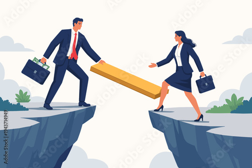 Businessman Investor Supporting Businesswoman by Building a Bridge Over a Chasm with a Wooden Plank to Give Her Opportunity and Financial Support for Success and Growth in Corporate Career Path.