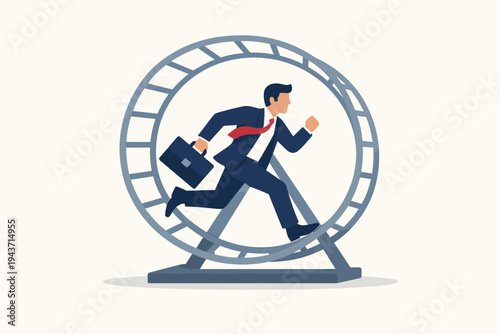 Flat vector illustration of a businessman in a suit with a briefcase running inside a hamster wheel, symbolizing the corporate rat race, repetitive work routine, career stress, and lack of progress.