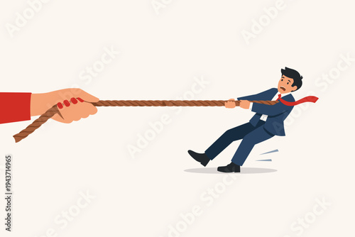 Business competition concept with a large woman's hand pulling a rope against a struggling businessman, flat vector illustration of power imbalance, gender inequality, and corporate conflict.